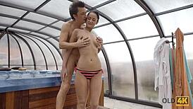 The sexy brunette Angie Moon likes to swim and fuck her lover