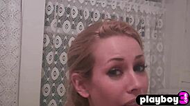 Sexy big boobs babe reveals shaved pussy