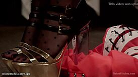 Femdom in Lingerie Whips Bound Man Hard