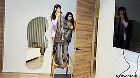 Halloween Threesome with Brunette Latina in Miniskirt