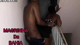 in the unfinished building, the young latina guy gives oral to the black cock, leading to anal and orgasm outdoors.