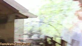 amateur teen 18+ boldly shows off blonde tits outdoors at party