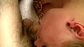 Redhead slut passionately gives blowjob to amateur guy, feeling intense pleasure.