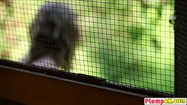 Blonde plumper intensely sits on stud's face outdoors, licking and sucking