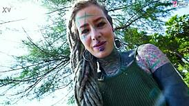 naughty tattooed goth teen squirts during outdoor anal play. alternative punk model fingers solo.