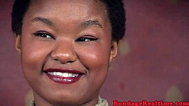 Ebony Sub Restrained, Teasing Dom with Gagging on His Cock