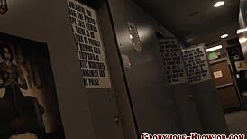 Blonde hottie subtly sucks big black cock.