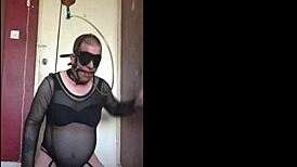 blindfolded sissy crossdresser swallows piss through gag, anal hooked