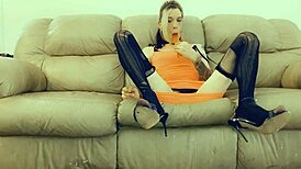 Sexy shemale craves big black cock on her couch.