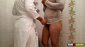 Ladka soaked in rain, chubby stepmom warms him with body heat. They end up fucking hard in bath.