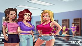 Summertime saga brings hot bathroom bang with group blowjob in anime