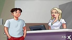 Summertime saga brings hot bathroom bang with group blowjob in anime