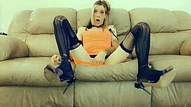 Sexy shemale craves big black cock on her couch.