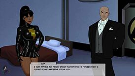 In DC Comics Unlimited Part 85, redhead babe walks slaves in voyeur BDSM game with big tits.