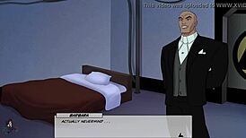 In DC Comics Unlimited Part 85, redhead babe walks slaves in voyeur BDSM game with big tits.