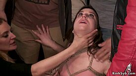 clamped tied up spinner gets groped and fucked in public bondage