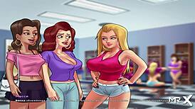 Summertime saga brings hot bathroom bang with group blowjob in anime