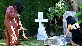 MILF gets rough facial and cumshot on grave stone for you