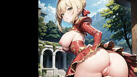 애니메 헨타이 AI 일러스트에 큰 가슴이 놀라운 디테일로. 가슴이 쇼를 훔쳐!