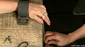 Intense lezdom bondage with redhead slave in pain, gagging and deepthroat