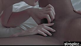 sexy blonde takes girlfriend's strapless dick with pierced nipples