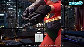 Kelsi Monroe Cosplays as Elastigirl on Webcam, Riding Sybian Machine with Her Big Ass and Hairy Pussy
