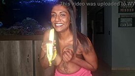 Topless Desi Squeezes Boobs While Deepthroating Banana!
