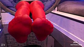 Toes wiggling in red shiny pantyhose