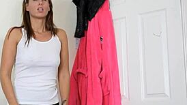 Want to see the busty brunette strip naked and play with her pussy while you wank?