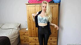 hot blonde rips clothes off in night club striptease