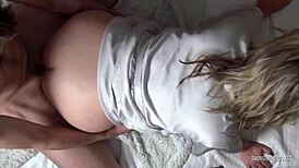 Blonde Housewife Sucking Hubby While Fucked by Friend in Hot Threesome