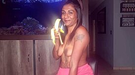 Topless Desi Squeezes Boobs While Deepthroating Banana!