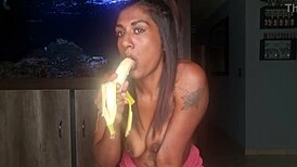 Topless Desi Squeezes Boobs While Deepthroating Banana!