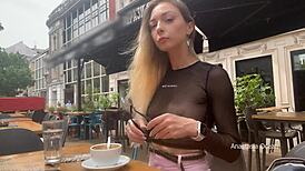 drinking coffee in a see-through top at public cafe. a guy couldn’t resist chatting me up.