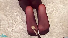 cum dripping on pantyhose feet after sensual tickling play