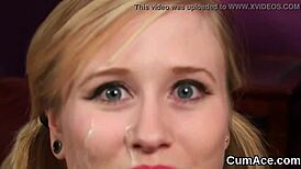 Horny Hottie Gets Cum Load on Face Sucking Jism