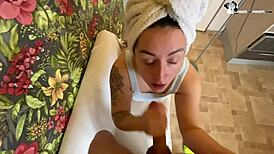 Horny bitch with big tits sucks a big cock?