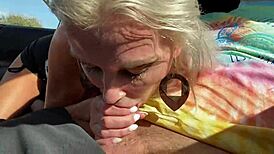 blonde milf gives public blowjob to friends husband