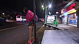 Public whore flashes miniskirt outdoors, teasing exhibitionist style in broad daylight. A true daring slut on display!