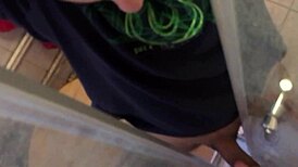 Horny Brunette Slut Fingers Shaved Pussy In Hidden Bathroom Before Blowjob!