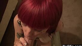 redhead amateur gives blowjob in bedroom, gets jizz on her big tits