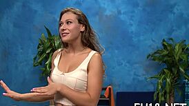 massage turns into sex with blowjob, doggystyle fucking, and cum on small tits