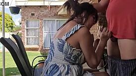 Brunette Sucking His Cock in Outdoor Homemade Scene