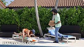 delivery guy james angel catches kira perez and fiona frost getting wild by the pool, joins for outdoor fun with reality kings