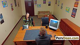 Principal watches as student fucks desperate stepmom Isabel Love on the desk!