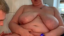 German chubby woman masturbates with golden shower