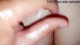 After an oil bath, she gave me her shaved pussy with intense desire.