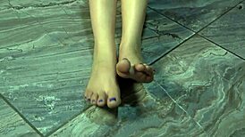 i'm showing my pretty feet, soles, and nails while walking naked and barefoot in the bedroom with bugs bunny blue nails