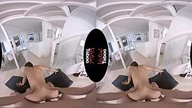 In virtual taboo, the brunette with big ass and shaved pussy rides in cowgirl, giving handjob to his huge dick.