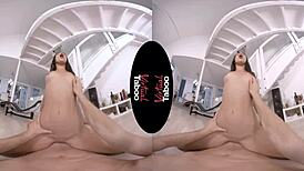 In virtual taboo, the brunette with big ass and shaved pussy rides in cowgirl, giving handjob to his huge dick.